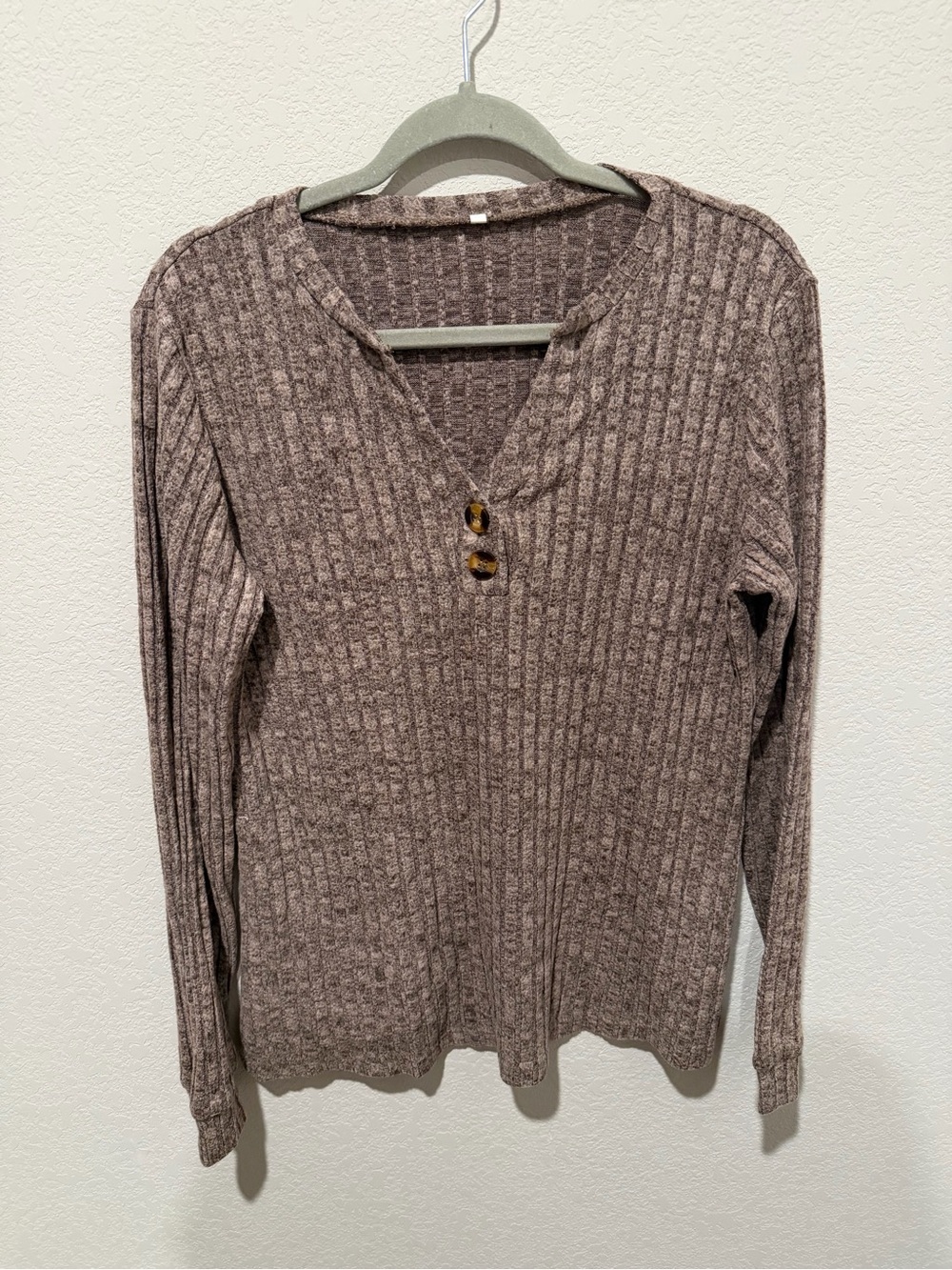 Ribbed V-Neck Knit Sweater with Button Detail - Brown
